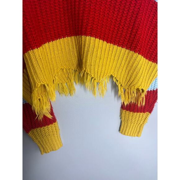 Multi-Colored Stripe Knit V-Neck Sweater with Fringe - Picture 3 of 4